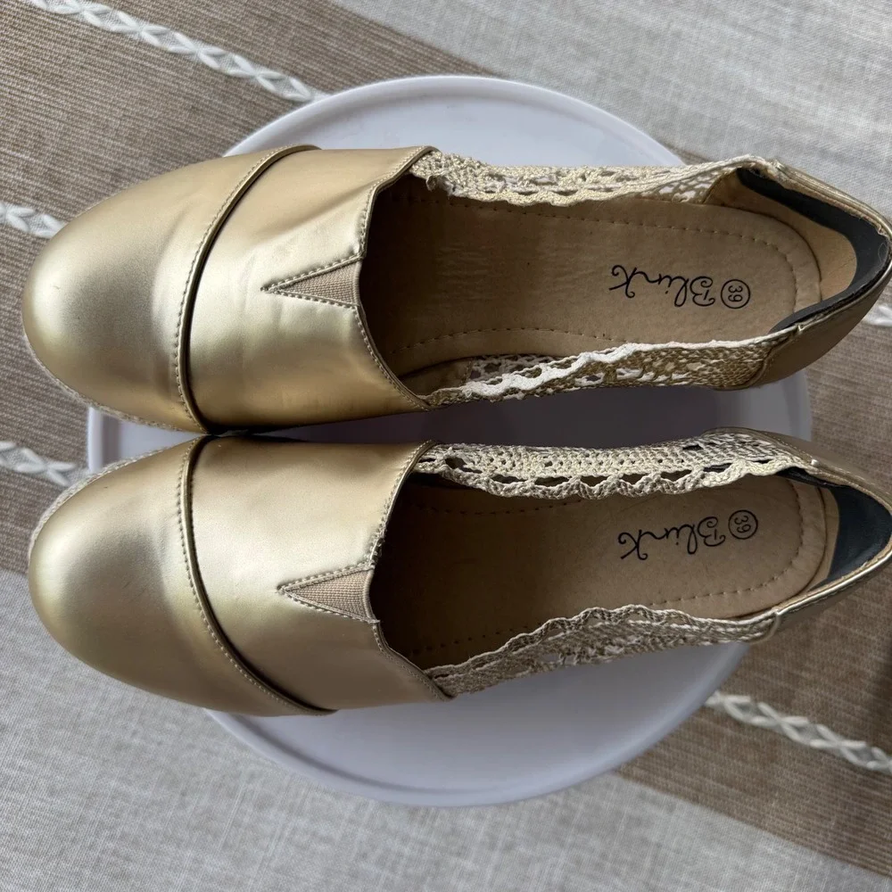 Blink Gold Metallic Crochet Lace Espadrille Platform Loafers Shoes Womens 39